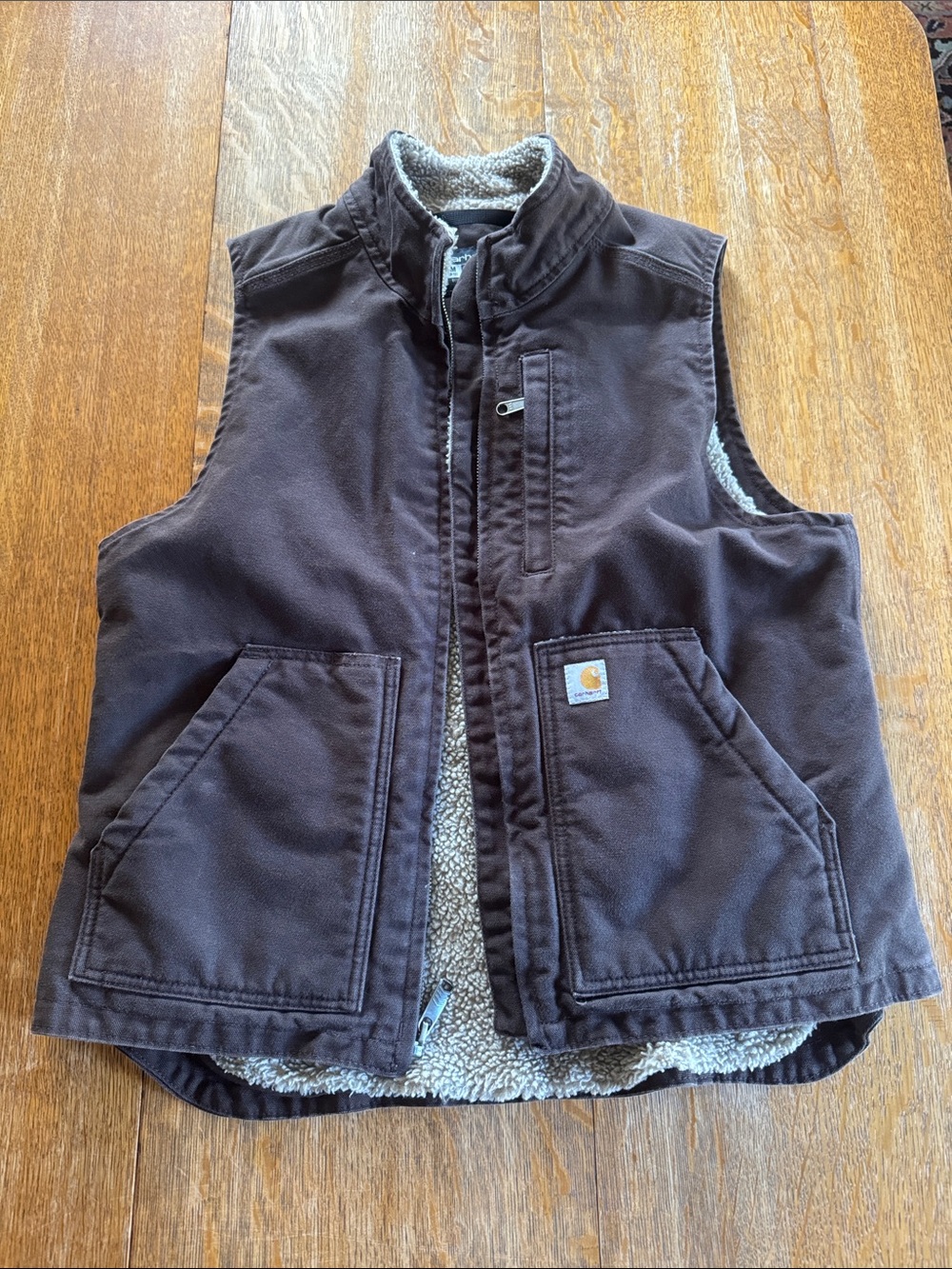 Carhartt Brown Sherpa-Lined Work Vest with Cream Interior Trim